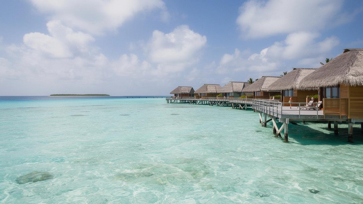 Turquoise lagoon and overwater villas in a Maldives atoll under midday light