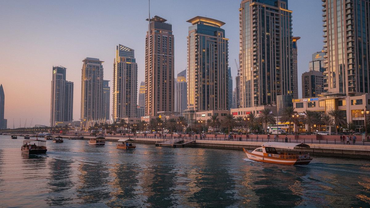 Dubai waterfront skyline at dusk with lit towers mirrored in the canal water